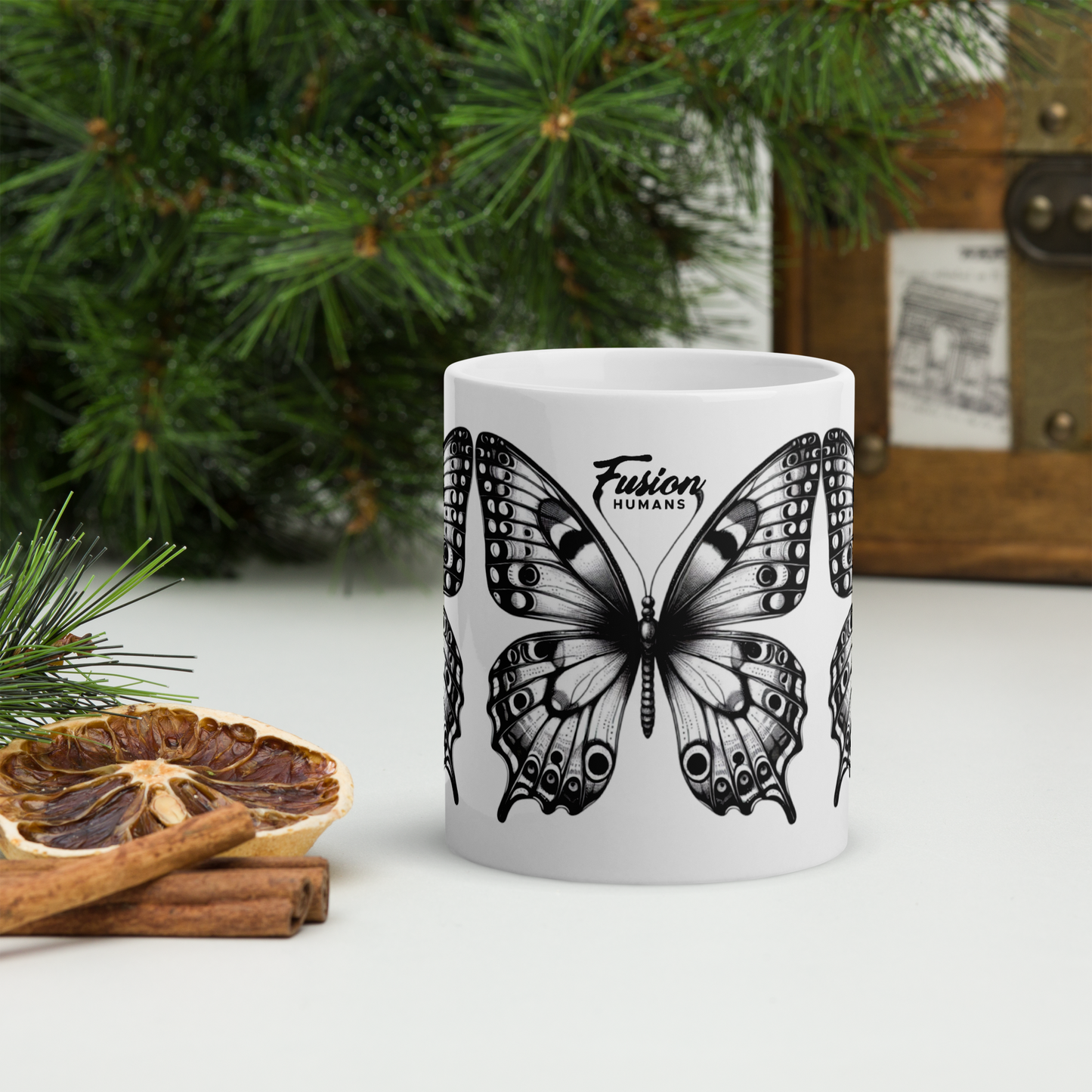 Taza blanca brillante Mariposas FH