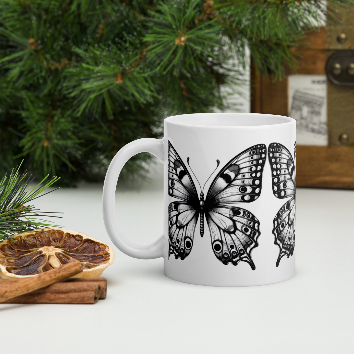 Taza blanca brillante Mariposas FH